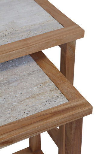 Womad Large Set Of 2 Wooden Side Tables With Travertine Tops