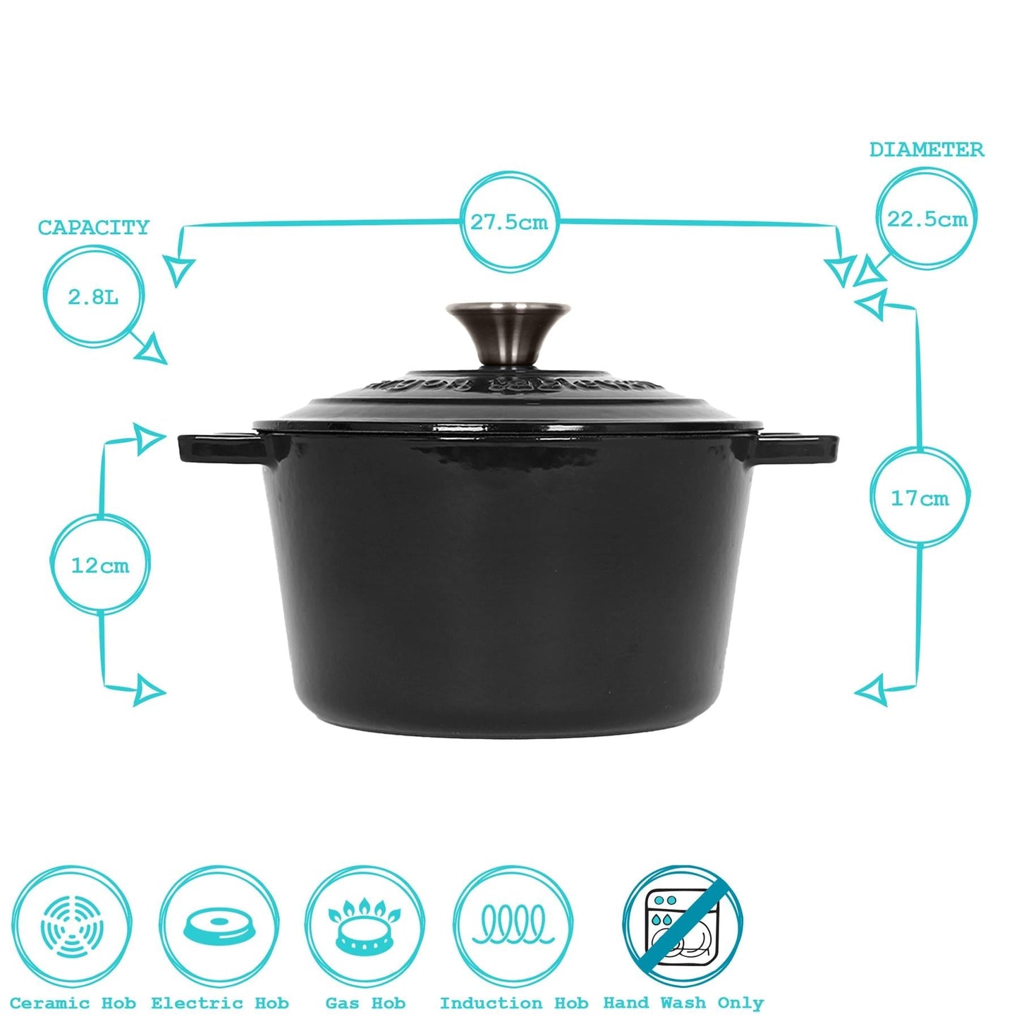 2.8L Matt Black Round Cast Iron Casserole Dish