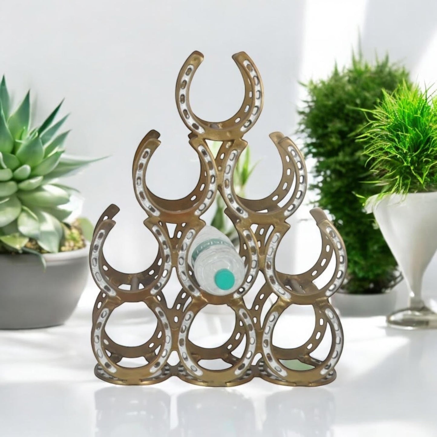 53CM ANTIQUE BRASS 9 BOTTLE WINE RACK