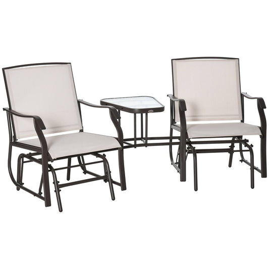 Garden Double Glider Rocking Chairs Metal Gliding Love Seat with Middle Table Conversation Set Patio Backyard Relax Outdoor Furniture Beige
