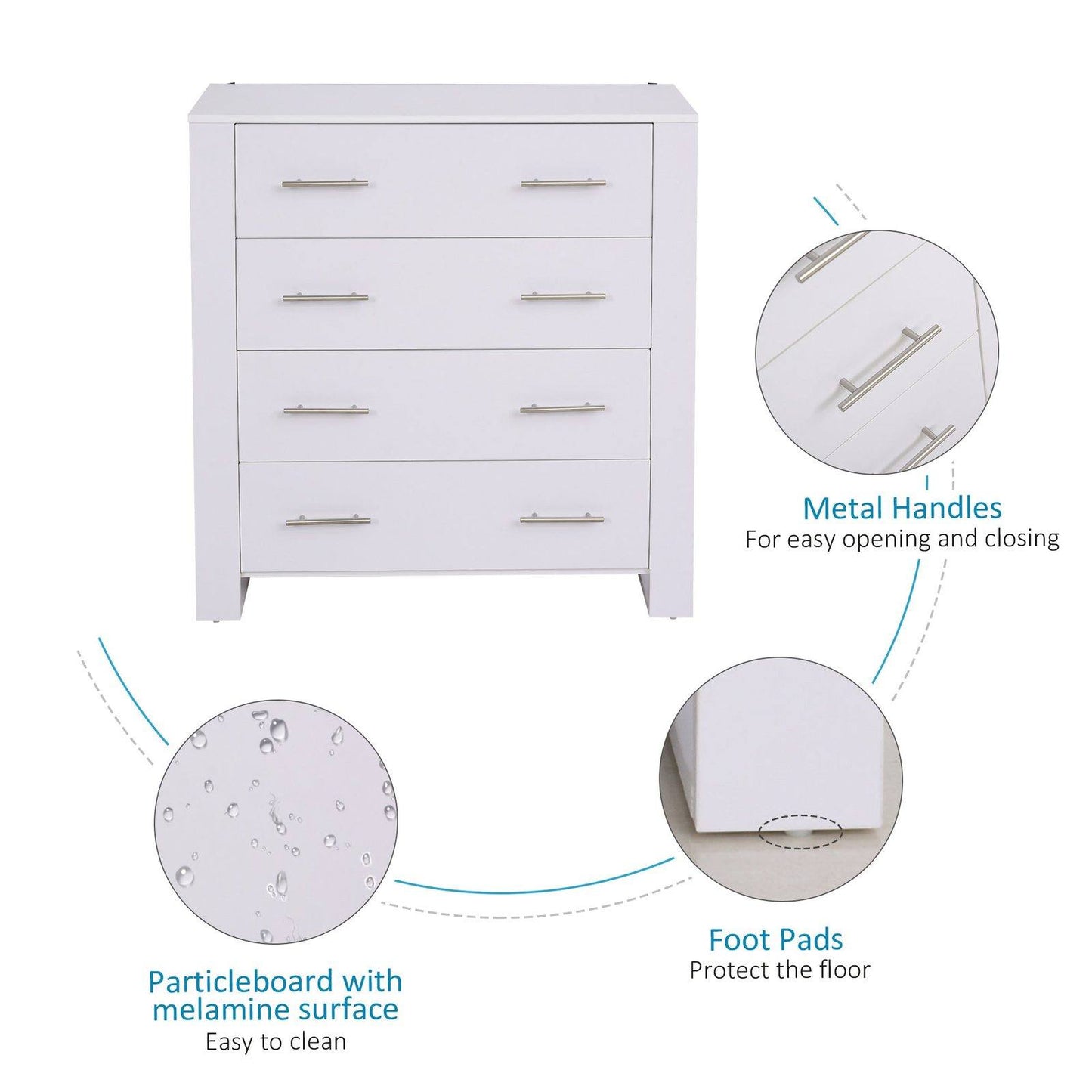 Chest Of 4 Drawers Storage Cabinet Bedroom Clothes w/Metal Handles Base Freestanding Unit Furnishing Living Room White