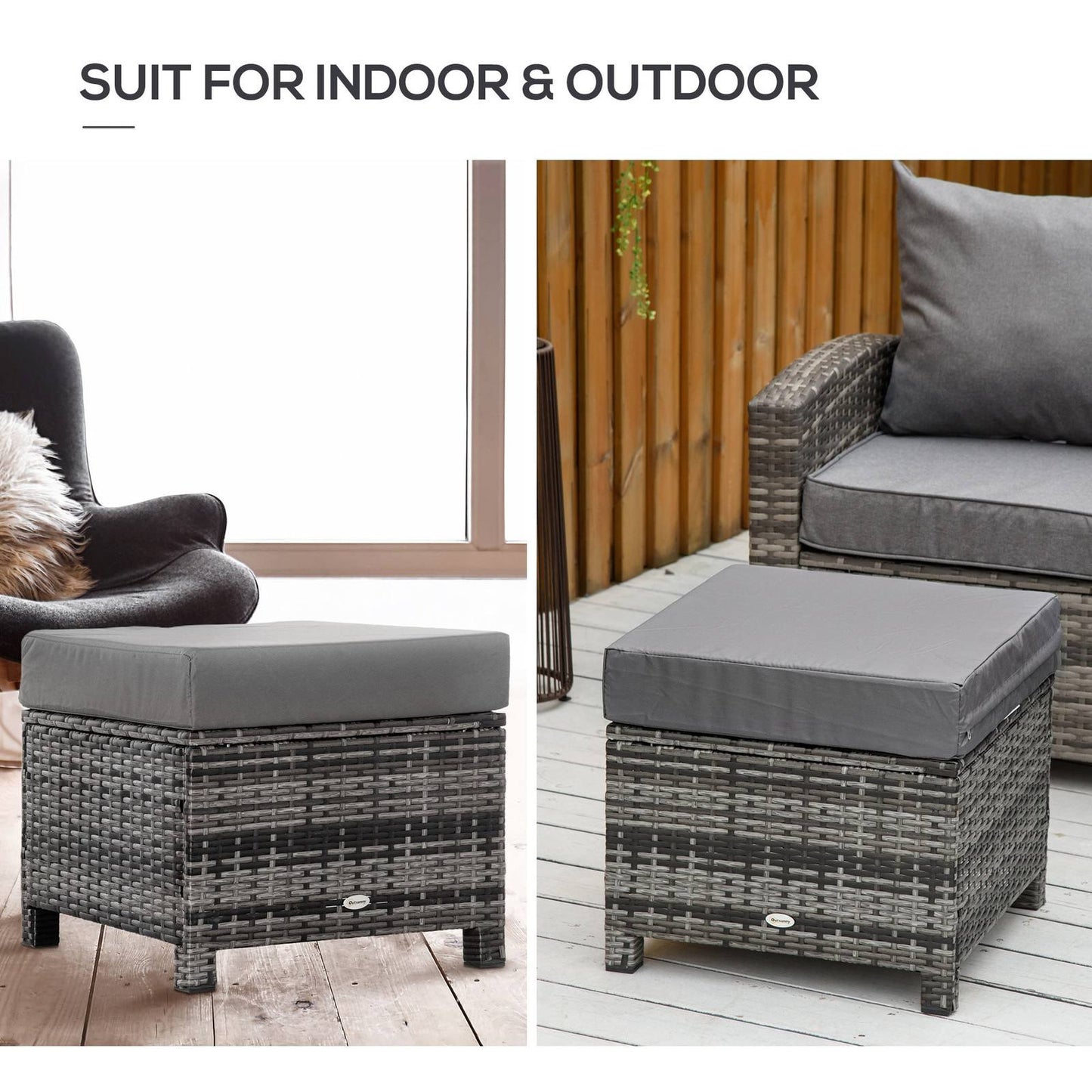 Rattan Footstool Wicker Ottoman with Padded Seat Cushion Outdoor Patio Furniture for Backyard Garden Poolside Living Room 50 x 50 x 35 cm Grey