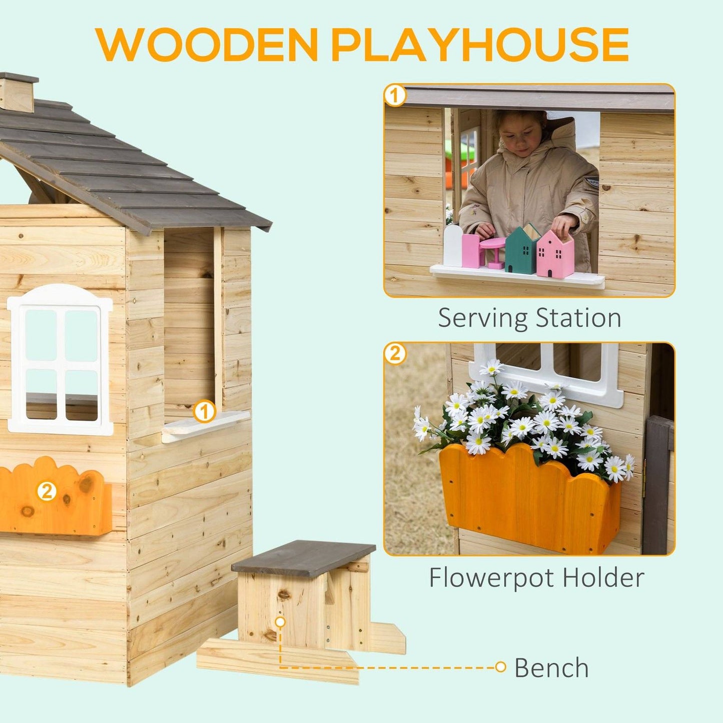 Wooden Kids Playhouse Outdoor Garden Games Cottage with Door