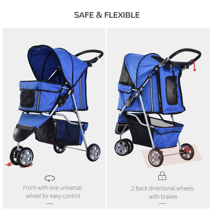 PawHut Pet Travel Stroller Cat Dog Pushchair Trolley Puppy Jogger Carrier Three Wheels for Small Miniature DogsBlue