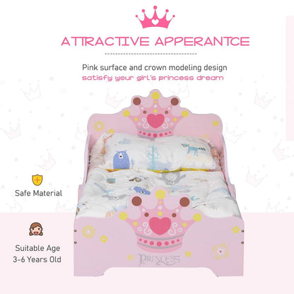 Kids Toddler Bed Princess Crown Theme Safety Side Rails Slats Home Bedroom Furniture Boys Girls 3-6 Yrs Pink 143 x 73 x 60 cm