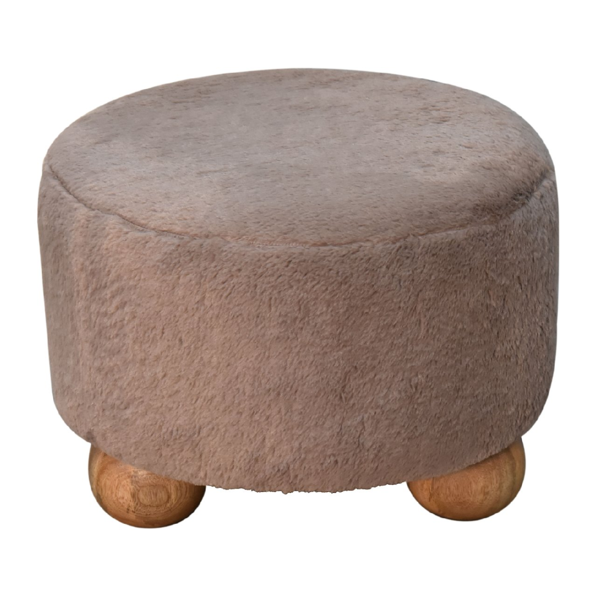 Artisan Furniture Solid Mango Wood Mocha Faux Fur Round Ball Footstool