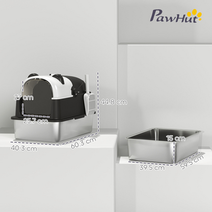 PawHut XL Stainless Steel Litter Box Tray with Lid, Panda Style