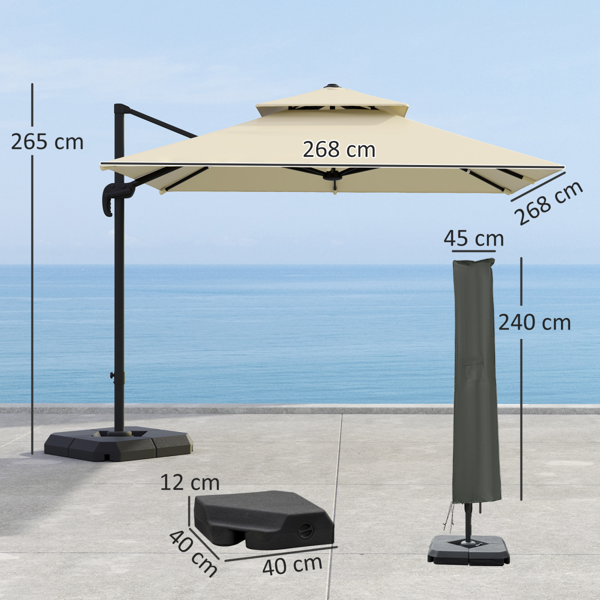 Outsunny 360° Cantilever Parasol Roma Umbrella w/ Base Weights, Khaki