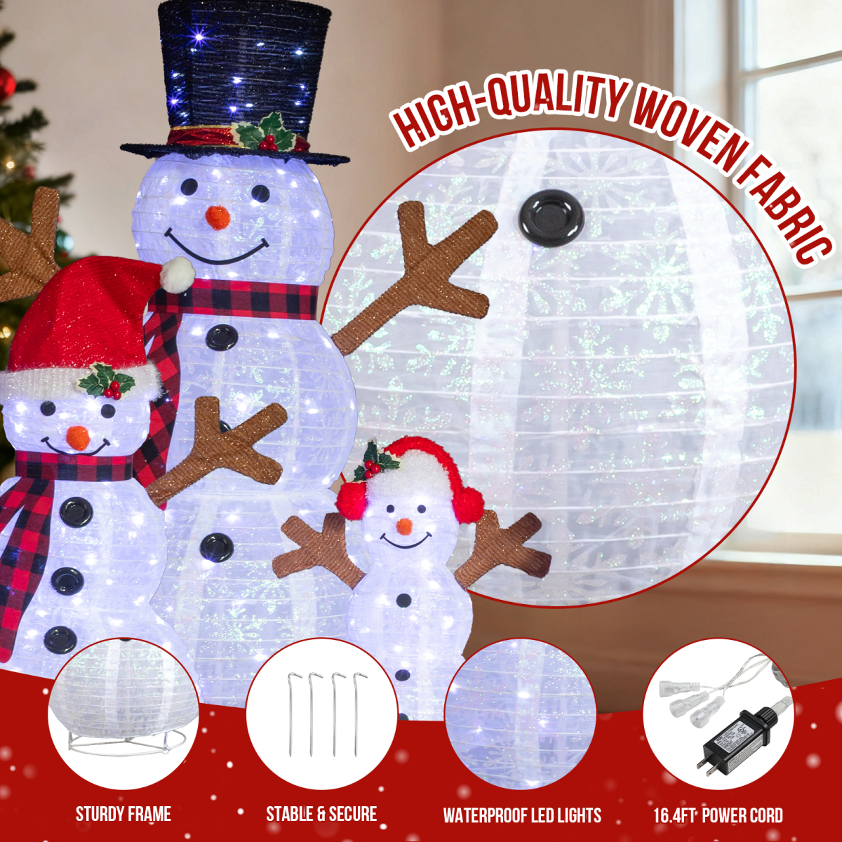 Set of 3 Lighted Snowman Family Christmas Yard Decorations, 60cm 90cm 120cm Pre-lit Pull Up Snowman with 270 White LEDs, for Xmas Outdoor Holiday Indoor Decor Lighted Holiday Displays