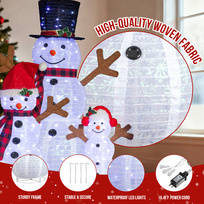 Set of 3 Lighted Snowman Family Christmas Yard Decorations, 60cm 90cm 120cm Pre-lit Pull Up Snowman with 270 White LEDs, for Xmas Outdoor Holiday Indoor Decor Lighted Holiday Displays