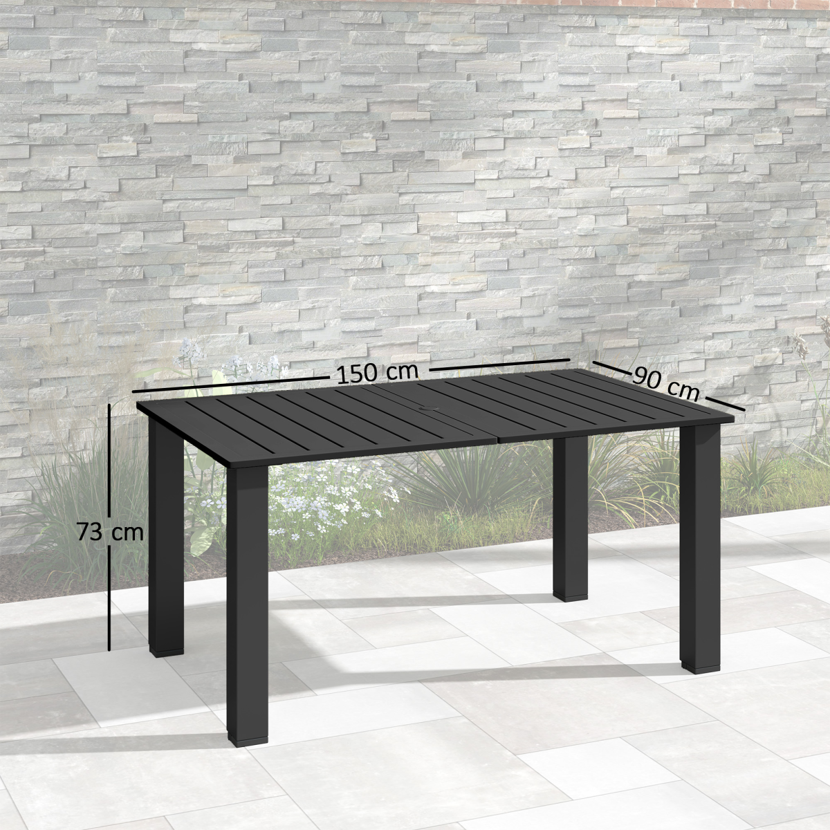 Outsunny Garden Table with Parasol Hole, Slatted Metal Tabletop, Black