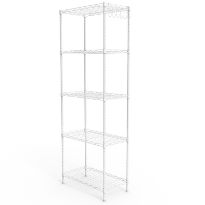 5-layer display rack with adjustable layer spacing, plug-in deformable structure, adjustable feet, made of iron, 54*29*150cm, powder-coated matte white