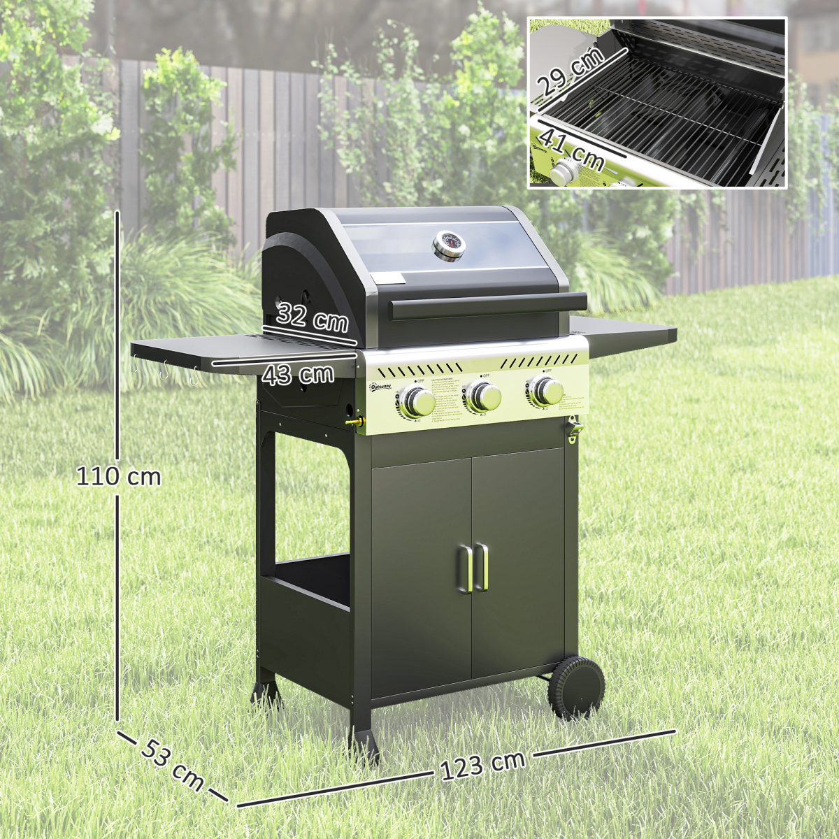 Outsunny 3 Burner Propane Gas BBQ Grill with See-through Lid and Thermometer