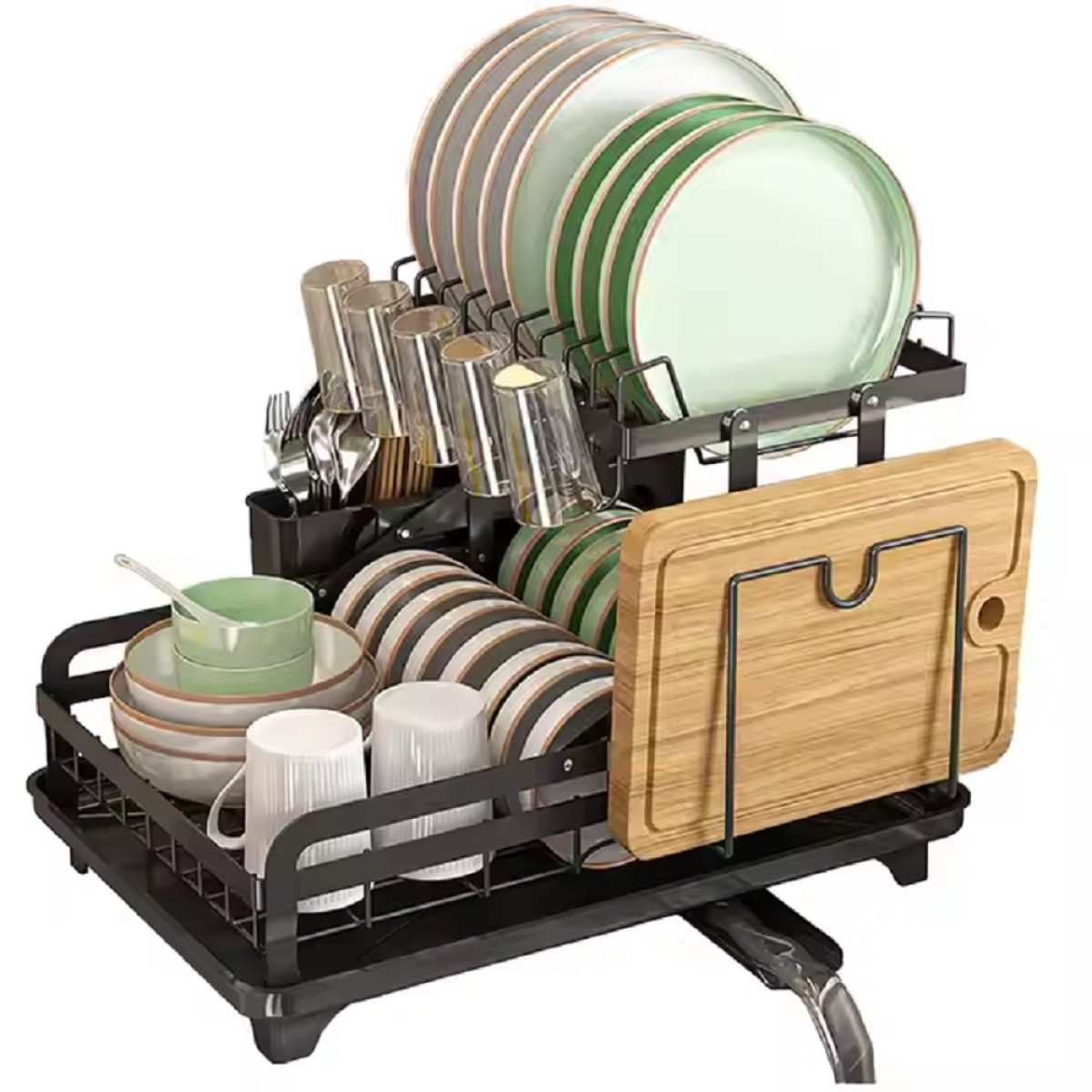 2 Tier Dish Drainer Rack with Drip Tray, Large Capacity Kitchen Organizer with Swivel Drainage Spout