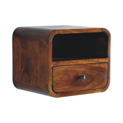 Artisan Furniture Solid Wood Extra Mini Wall Mounted Curved Chestnut Bedside with Open Slot