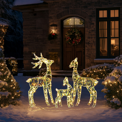 3-Piece Lighted Iridescent Christmas Reindeer Family Set Outdoor Decorations, Weather Proof Deer Family Set of 3 Christmas Ornament Home Decor Pre-lit 110 LED Warm White Lights, 2.4FT