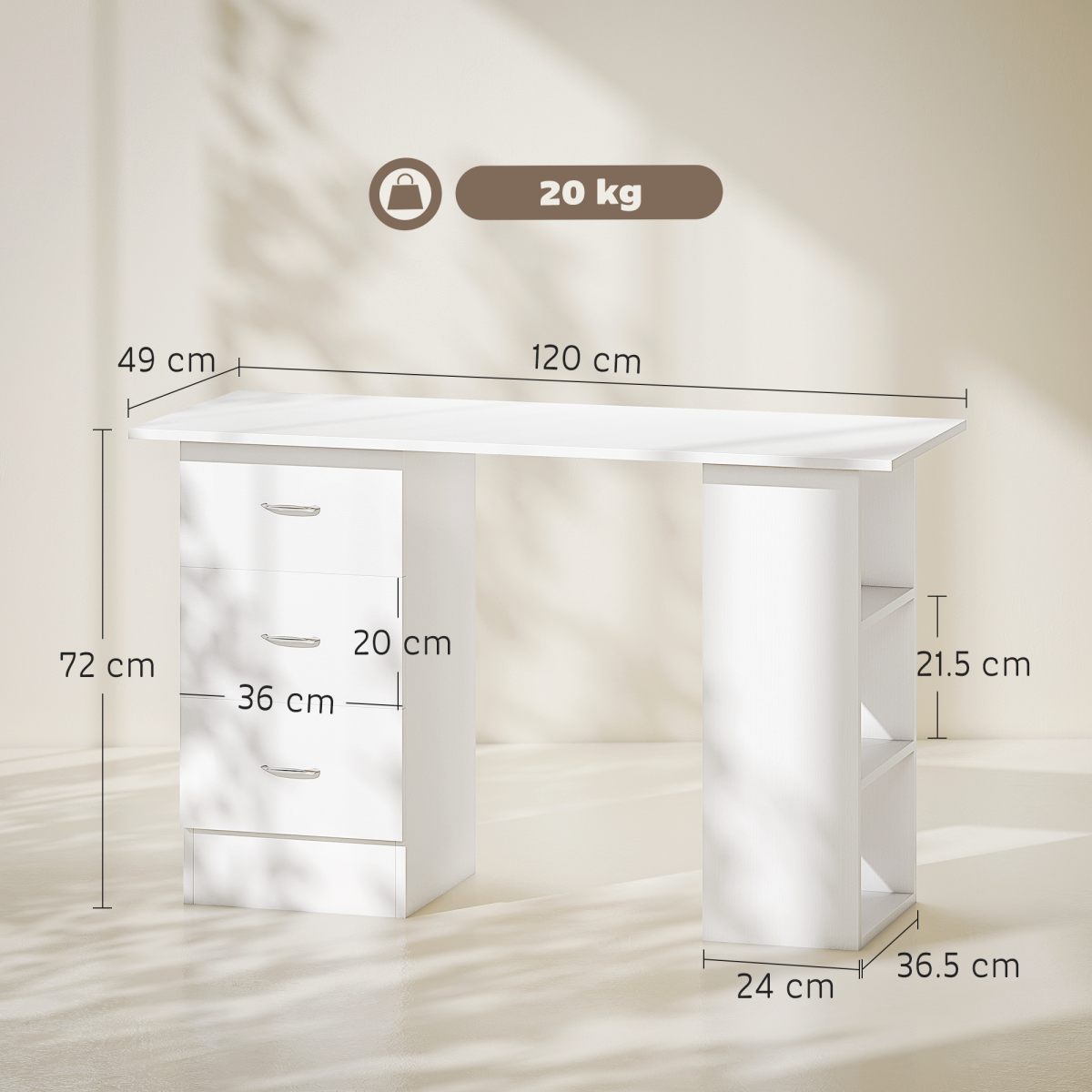 HOMCOM 120cm Computer Desk PC Table Workstation w/ 3 Shelf & Drawers White