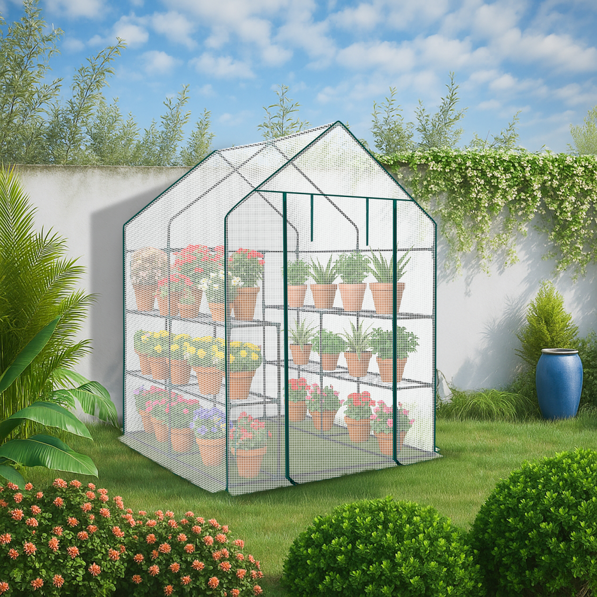 Mini Walk-in Greenhouse with PE Cover, 8-Shelf Indoor Outdoor Plant Gardening Green House for Garden Backyard, 56" x 56" x 77", White