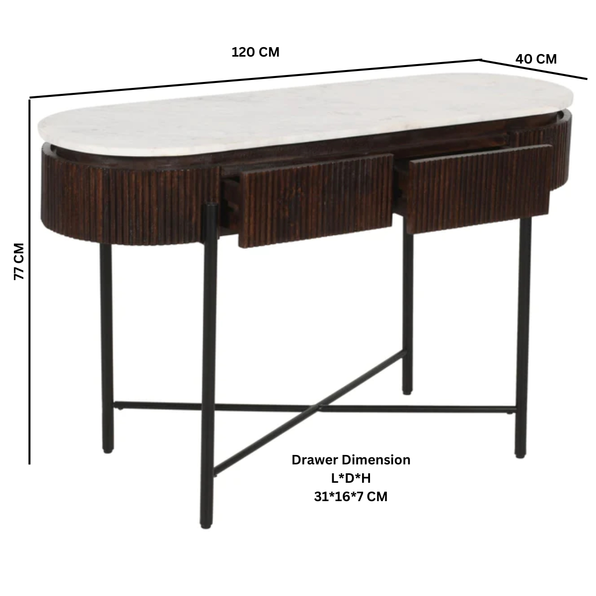 Opal Mango Wood Console Table With Marble Top And Metal Legs