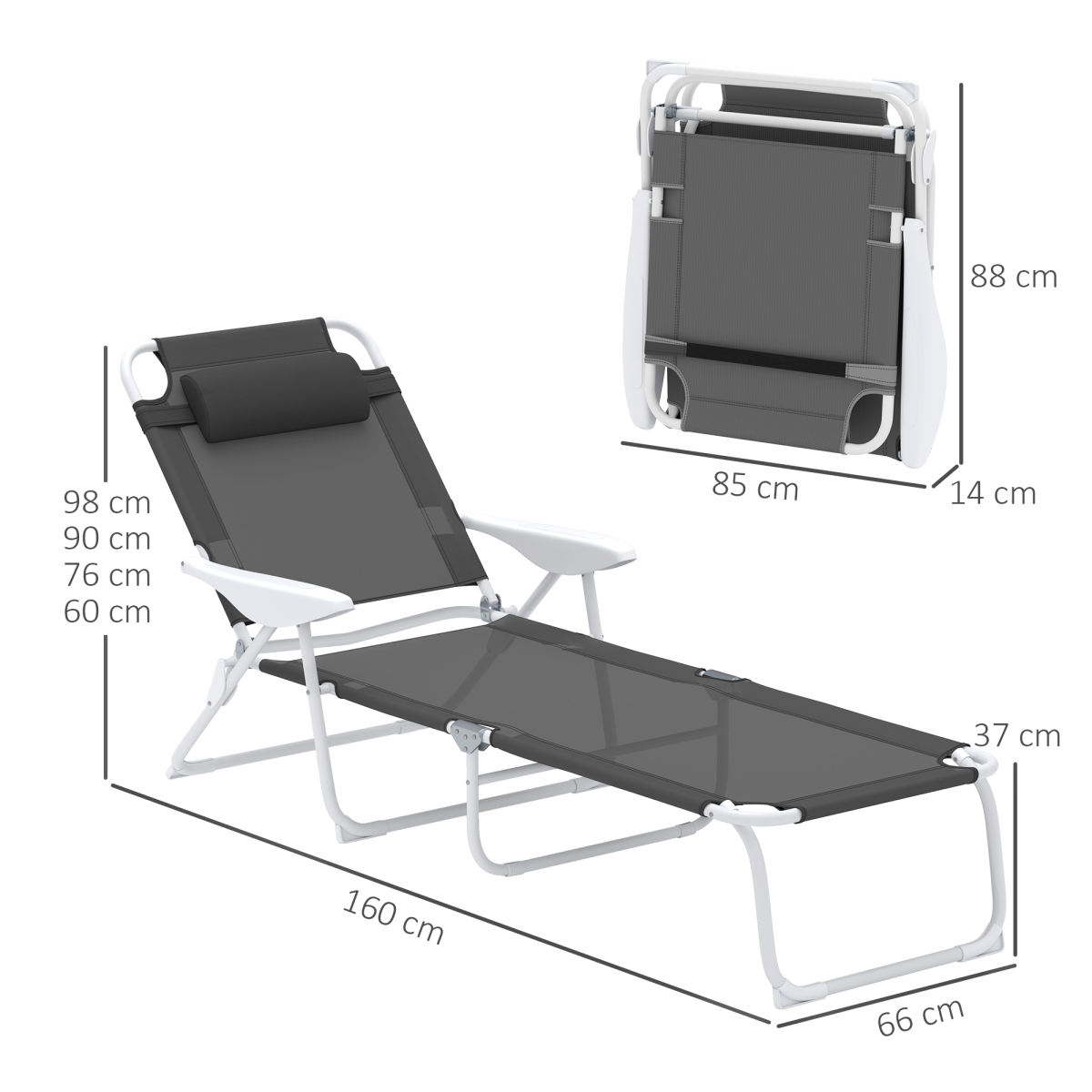 Outsunny Folding Sun Lounger with 4-Level Backrest & Headrest, Charcoal Grey