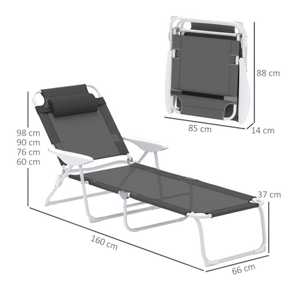 Outsunny Folding Sun Lounger with 4-Level Backrest & Headrest, Charcoal Grey