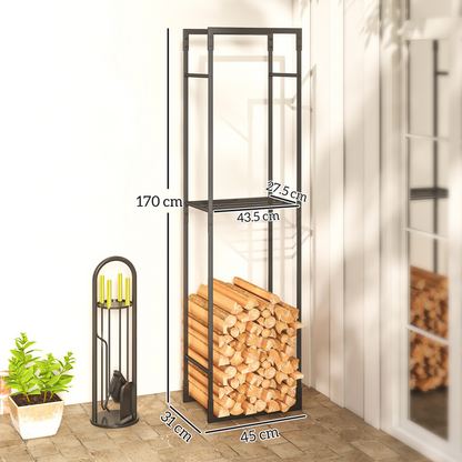 Outsunny Metal Firewood Log Holder, Firewood Rack with Adjustable Shelf
