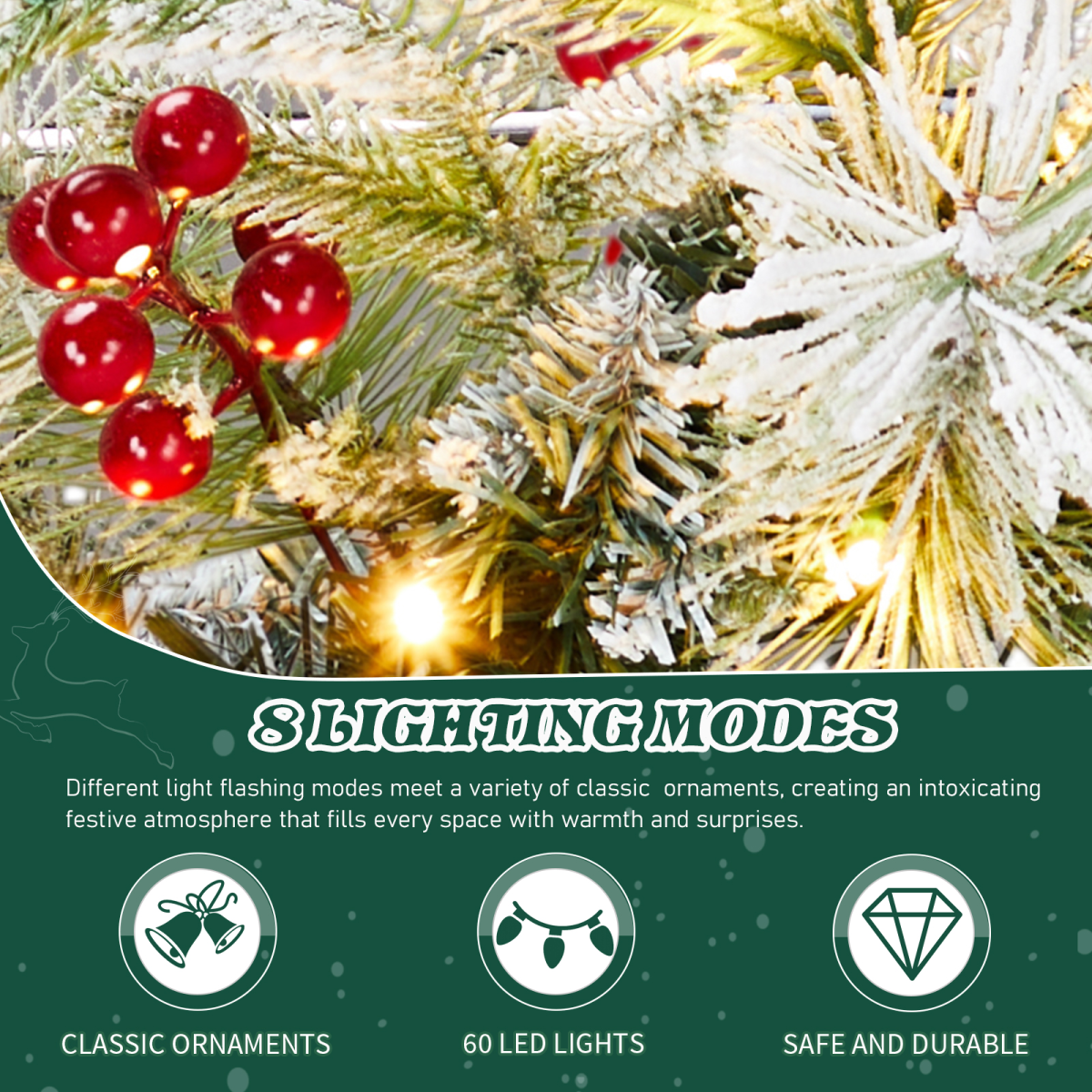 2 Pack 18in Pre-lit Snow Flocked Christmas Wreath, Lighted Artificial Xmas Wreath with 60 Warm Lights and 140 Tips and Red Berries Pine Cones, for Front Door Gate Wall Xmas Party Decorations