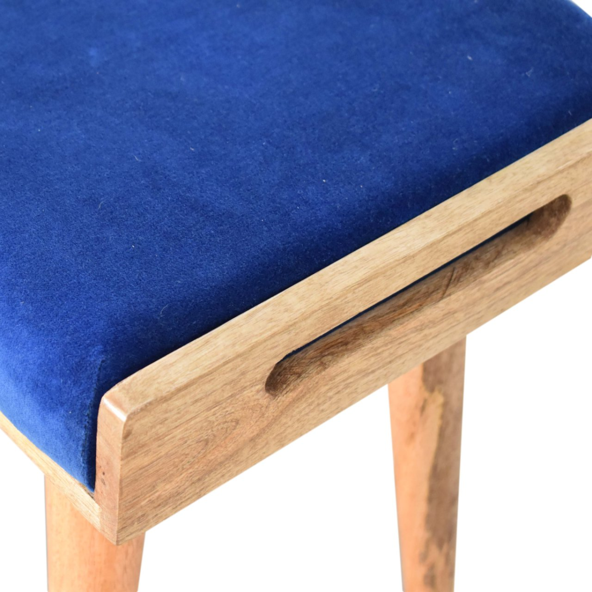 Artisan Furniture Solid Wood Upholstered Royal Blue Velvet Tray Footstool, Beige