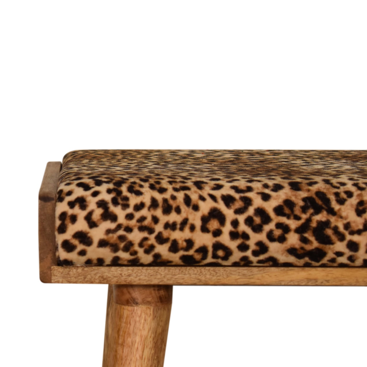 Artisan Furniture Solid Mango Wood Leopard Velvet Tray Style Footstool