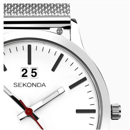 Sekonda Mens Fashion Dated 40mm 5ATM White Dial Silver Mesh Bracelet Watch 1940