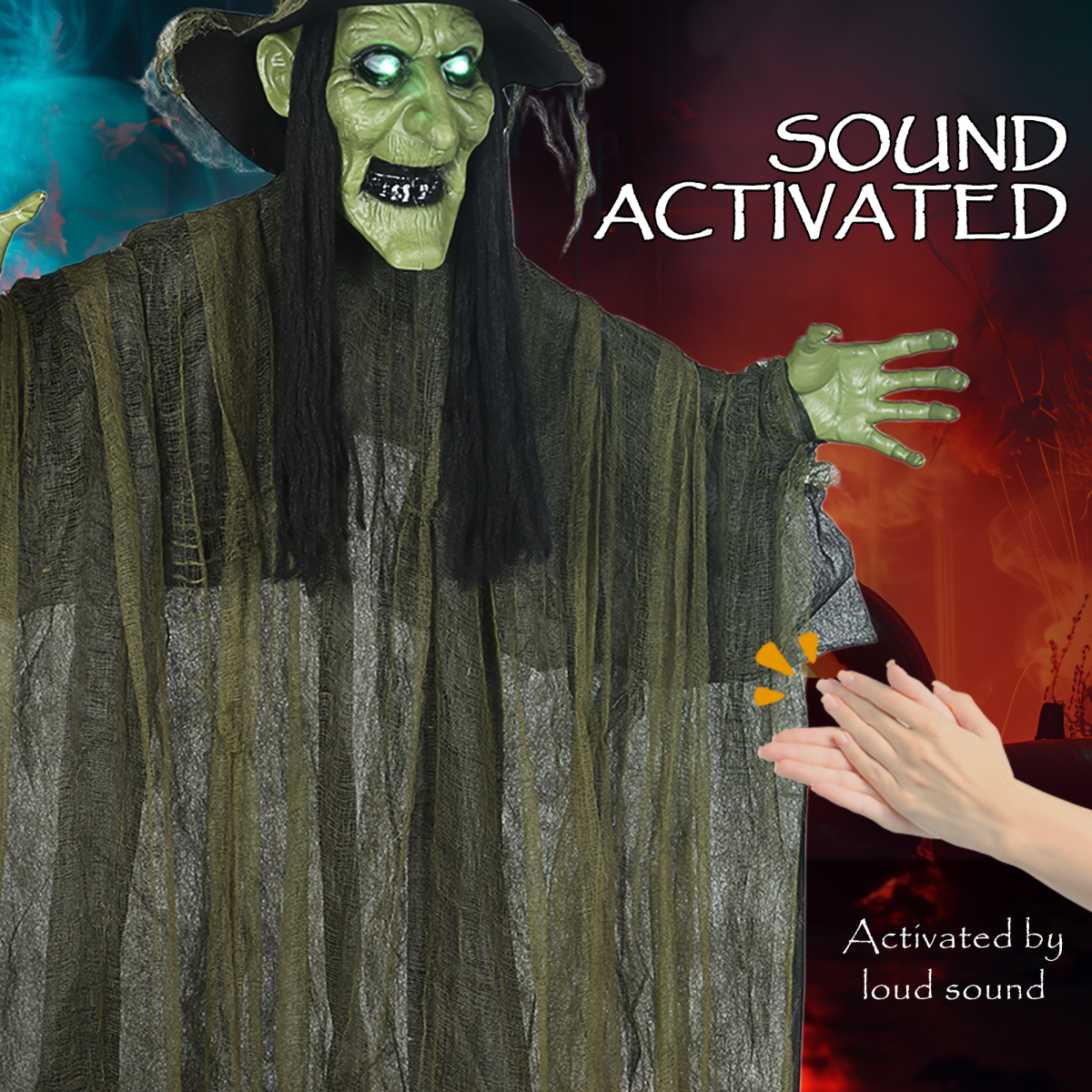 Outsunny Voice Activated Halloween Animatronics Hanging Witch, Green