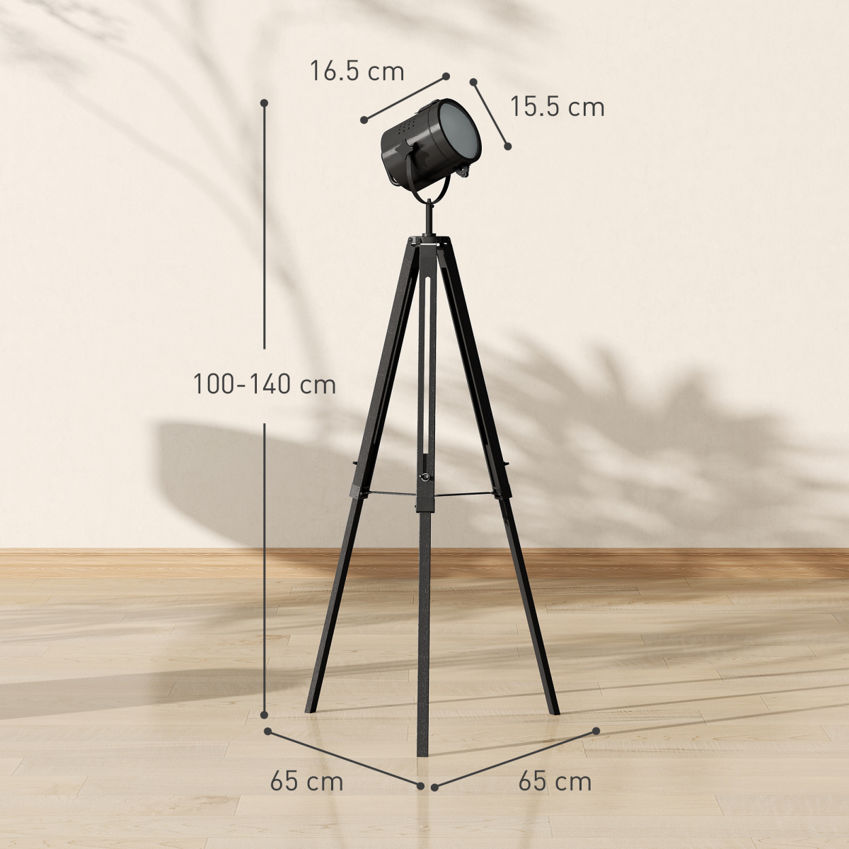 HOMCOM Industrial Tripod Floor Lamp Wood Height Adjustable Spotlight, Black