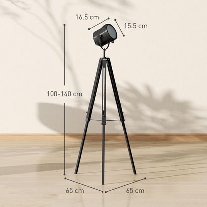 HOMCOM Industrial Tripod Floor Lamp Wood Height Adjustable Spotlight, Black