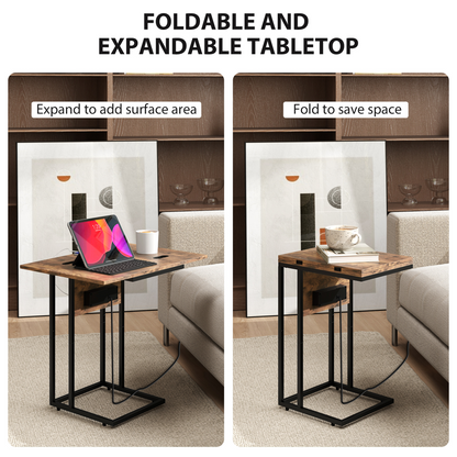 HOMCOM C Shaped Side Table with Charging Station and Foldable Top