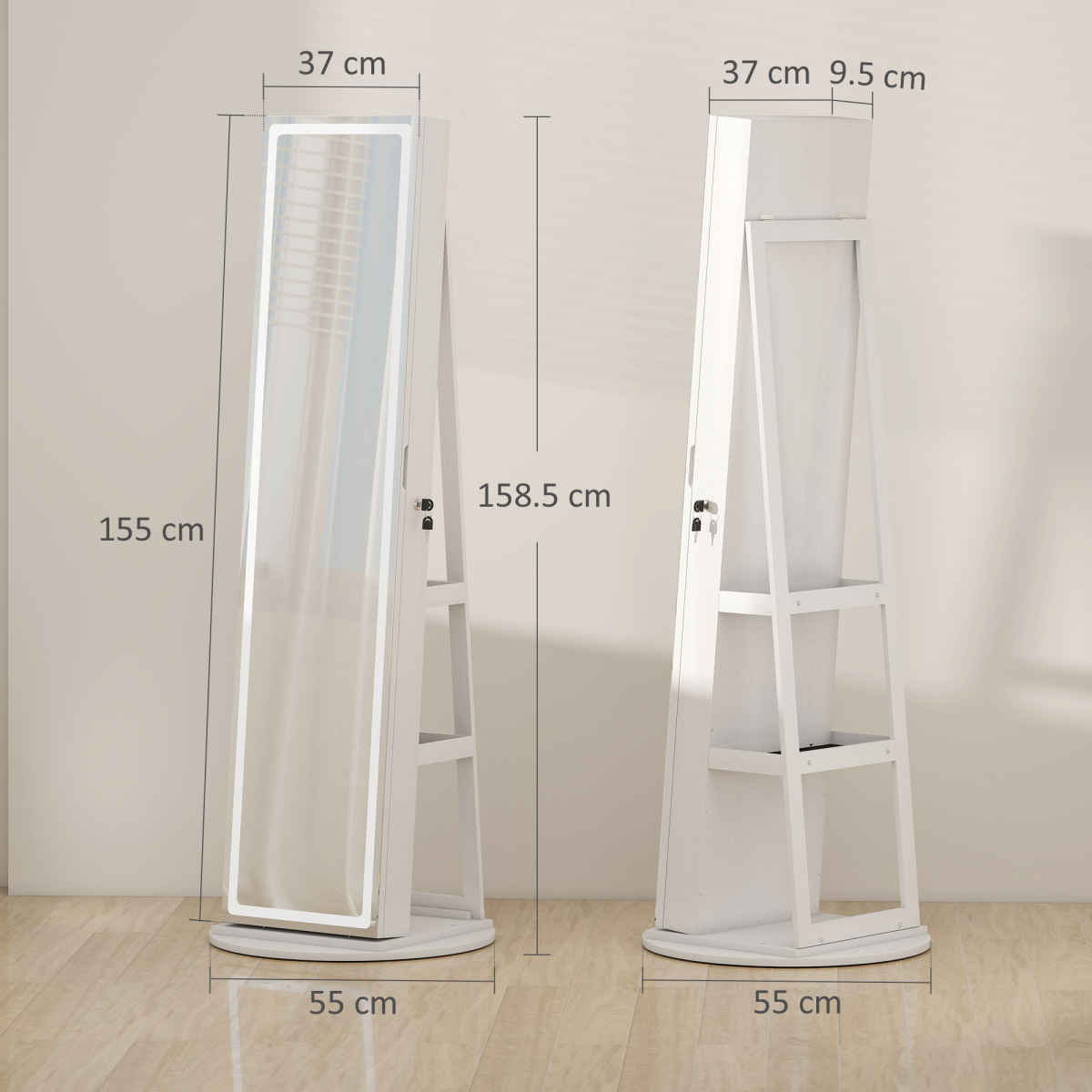 HOMCOM 360° Swivel Jewellery Cabinet, Full Length Mirror with Storage, White