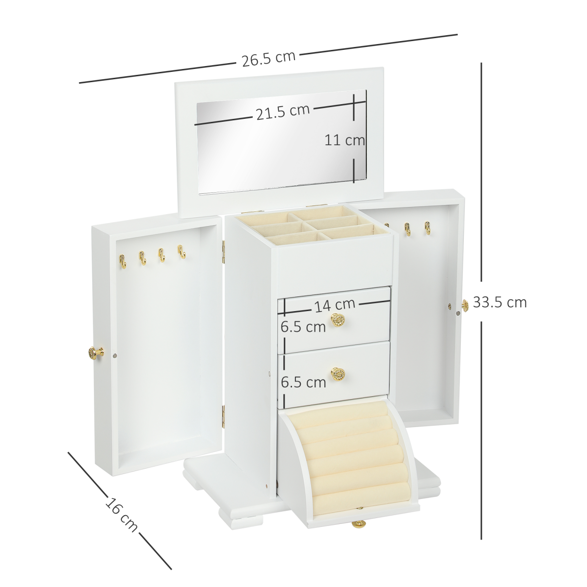 HOMCOM 4-Tier Large Jewellery Box with Mirror and 2 Drawers, White