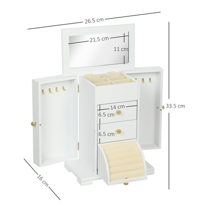 HOMCOM 4-Tier Large Jewellery Box with Mirror and 2 Drawers, White