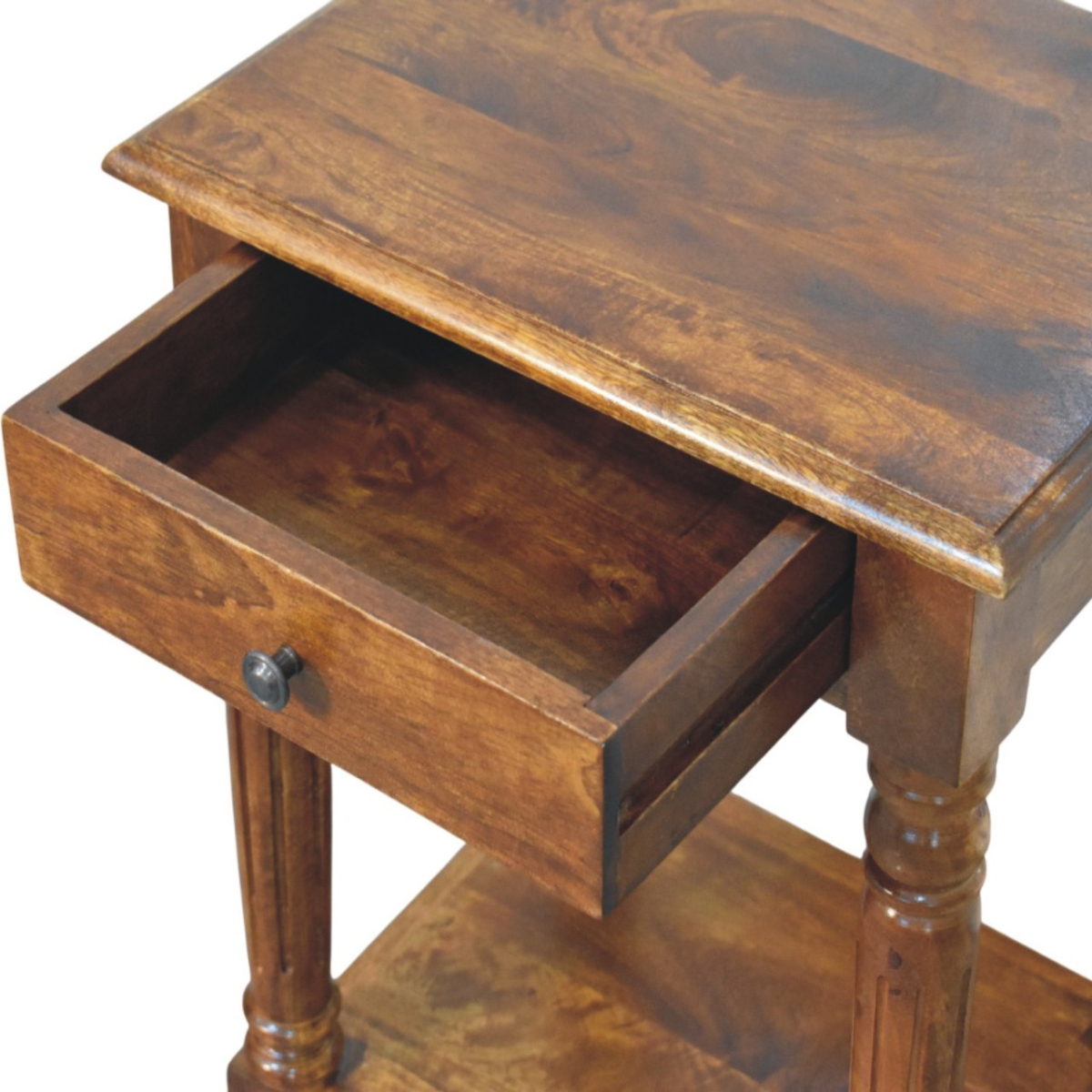 Artisan Furniture Solid Wood Turned Legs Chestnut Side Table, 1 Drawer and 1 Lower Shelf, Dark Brown
