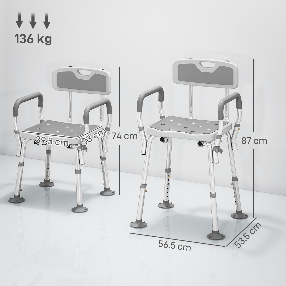 HOMCOM Padded Shower Stool with Arms and Back, 4 Suction Foot Pads, Grey