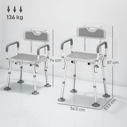 HOMCOM Padded Shower Stool with Arms and Back, 4 Suction Foot Pads, Grey