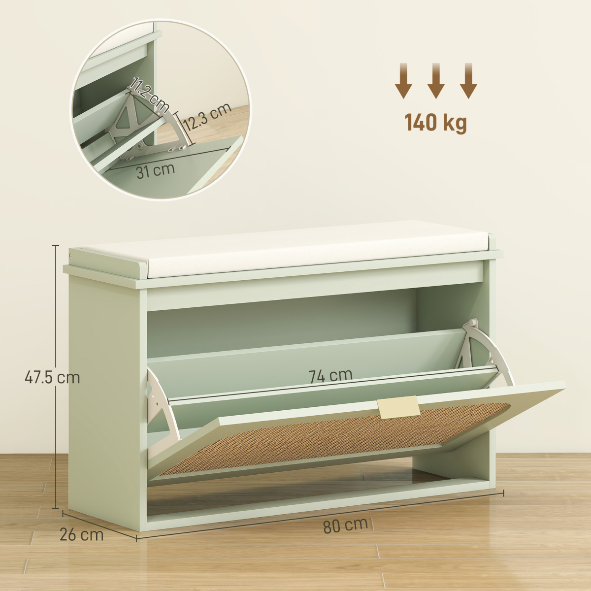 HOMCOM Boho Shoe Bench with Padded Seat and 1 or 2 Flip-Drawer, Light Green