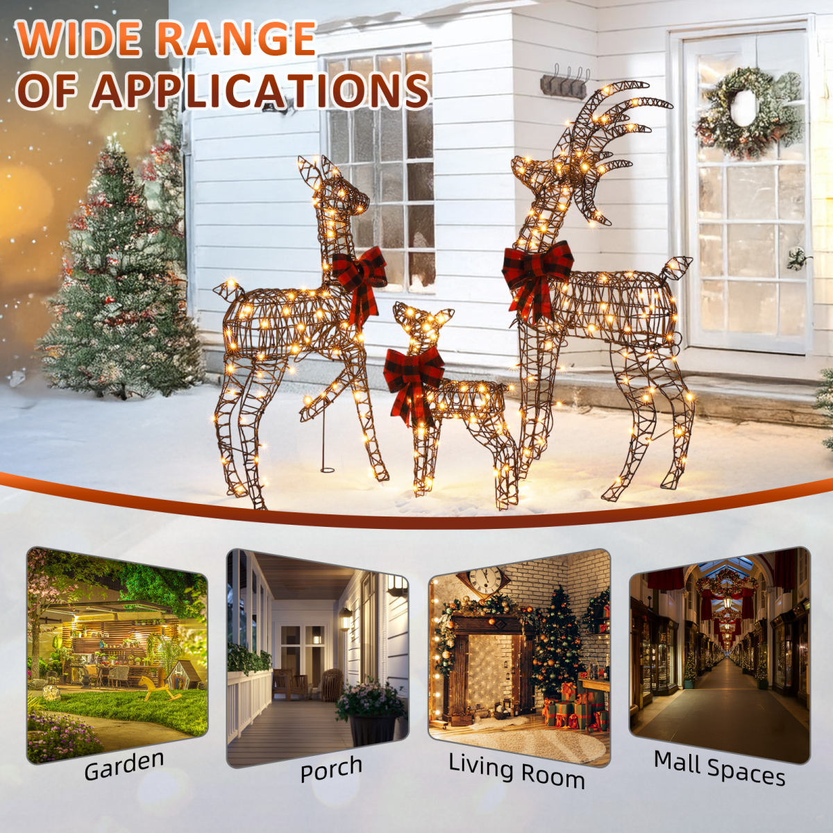 3-Piece Lighted Christmas Reindeer Family Set Outdoor Decorations, Weather Proof Rattan Deer Family Set of 3 Christmas Ornament Home Decor Pre-lit 210 LED Warm White Lights, 4FT, Brown