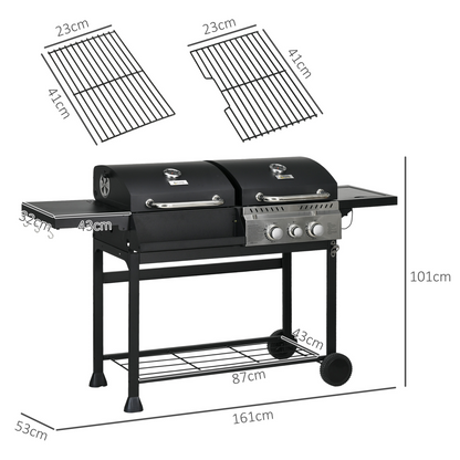 Outsunny Dual Fuel BBQ Grill with Wheels, Warming Rack, Black