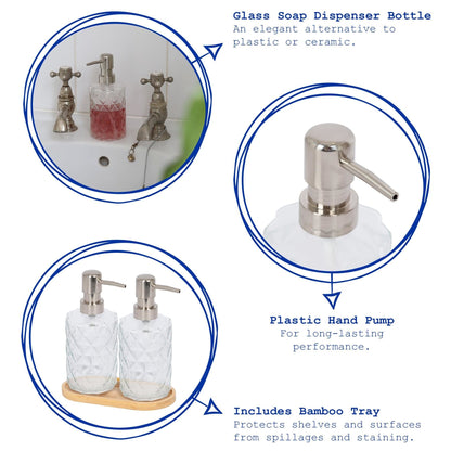 2pc 330ml Prism Glass Soap Dispenser Set with Bamboo Tray