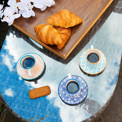 12pc 65ml Hand-Printed Stoneware Blue Espresso Cup & Saucer Set