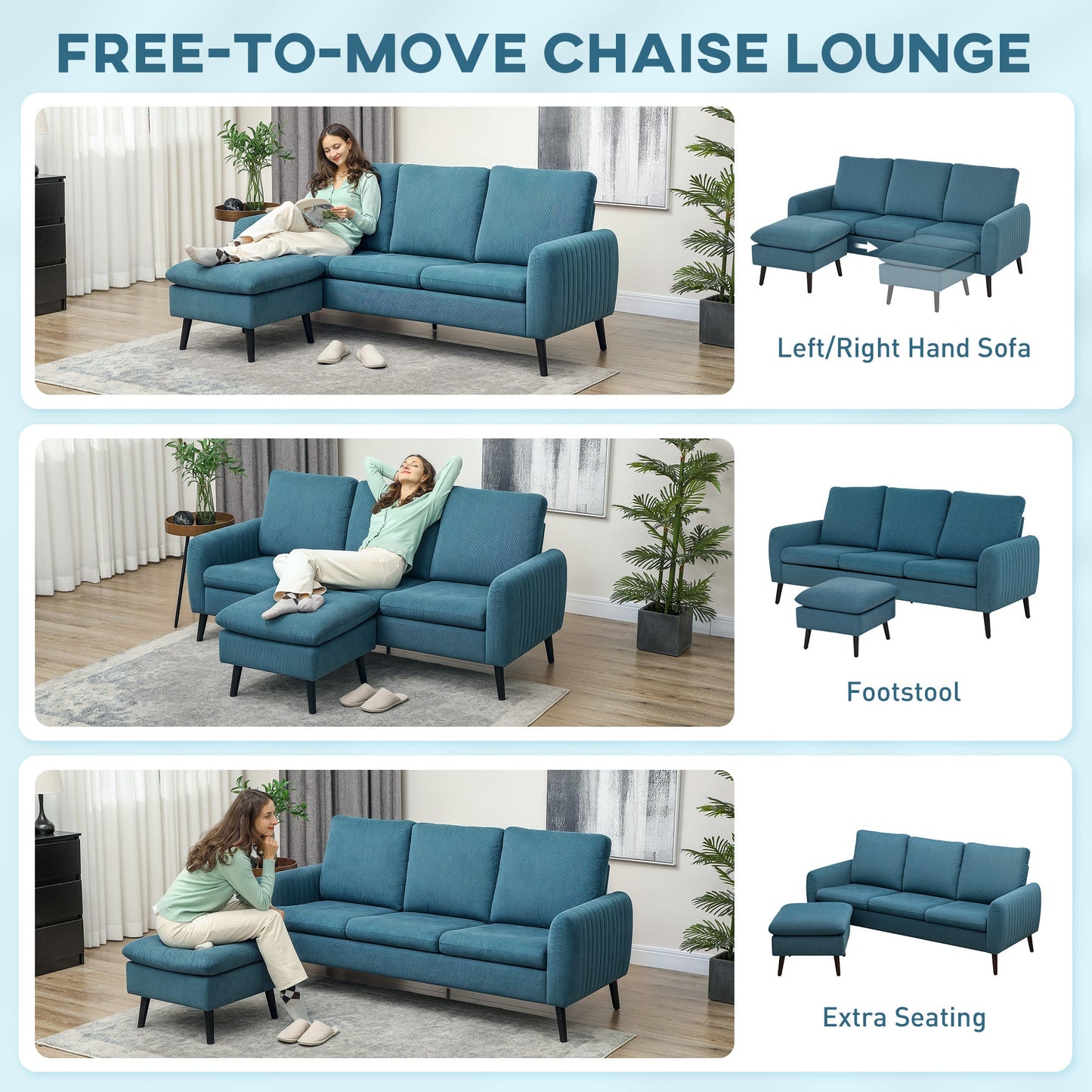 HOMCOM 3 Seater Corner Sofa Couch Settee with Chaise Lounge, Blue