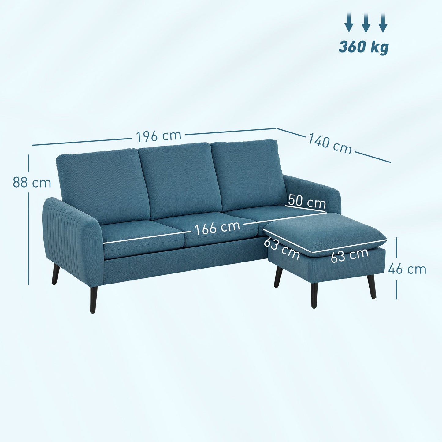 HOMCOM 3 Seater Corner Sofa Couch Settee with Chaise Lounge, Blue