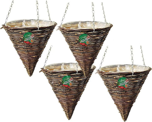 4x Dark Rattan Cone Hanging Basket