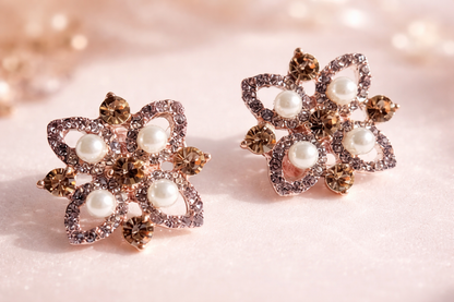 Pearl Flower Crystal Non Pierced Clip On Earrings