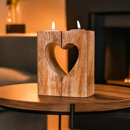 Wooden Tealight Candle Holder Mango Wood Heart Centrepiece